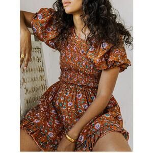 Cleobella Mina Mini Dress Terracotta Floral Size Large NWT Indie Ruched Belted